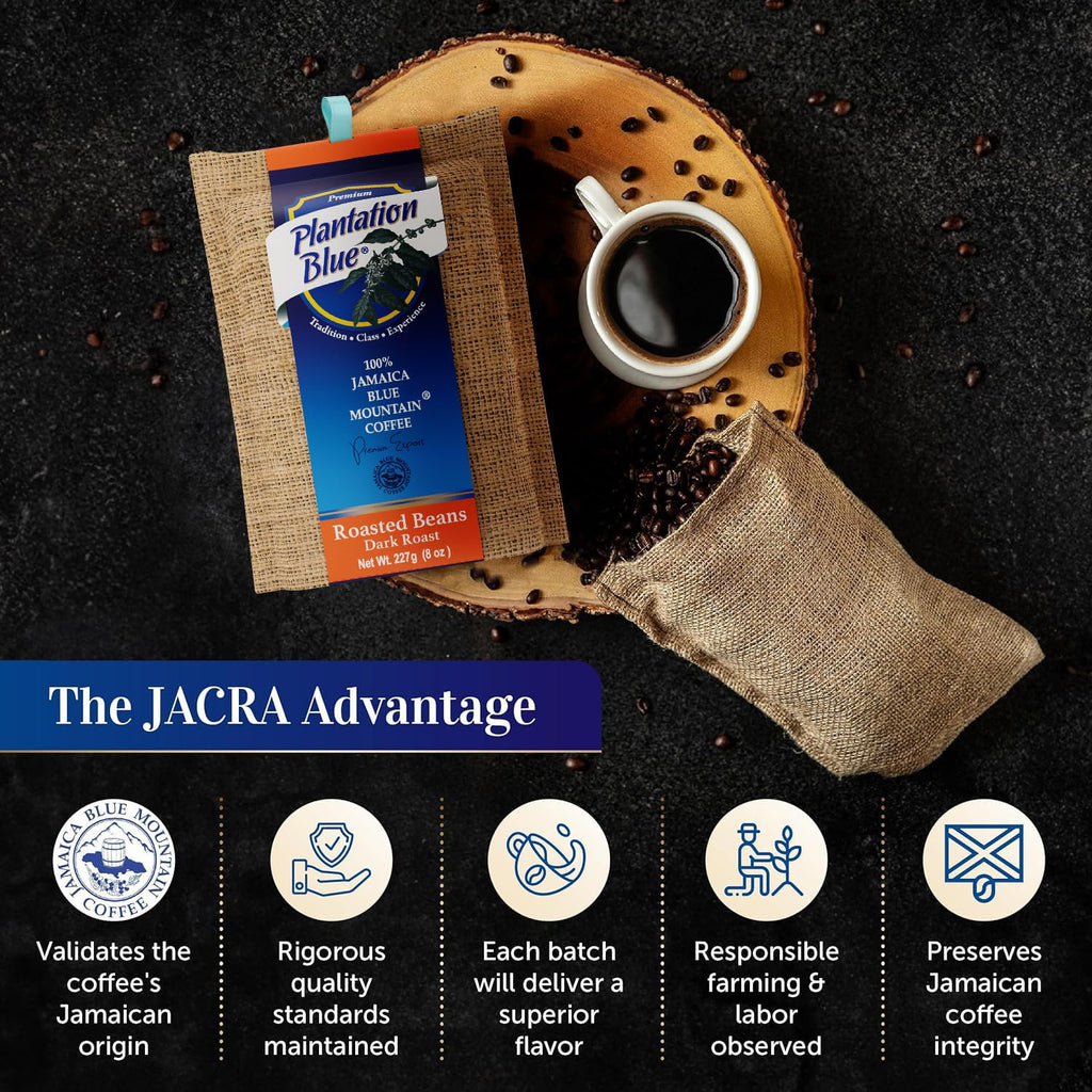 Plantation Blue 100% Jamaica Blue Mountain Coffee - Dark Roasted Whole Beans (8oz)