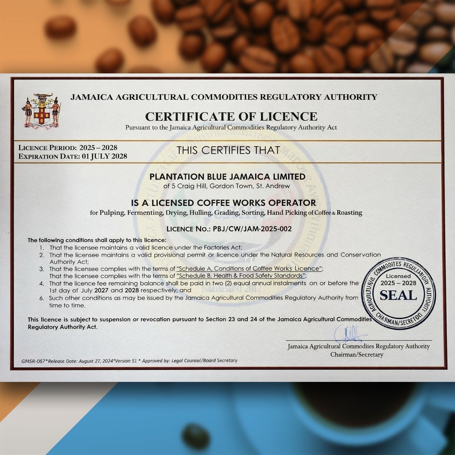 Plantation Blue 100% Jamaica Blue Mountain Coffee - Dark Roasted Whole Beans (8oz)