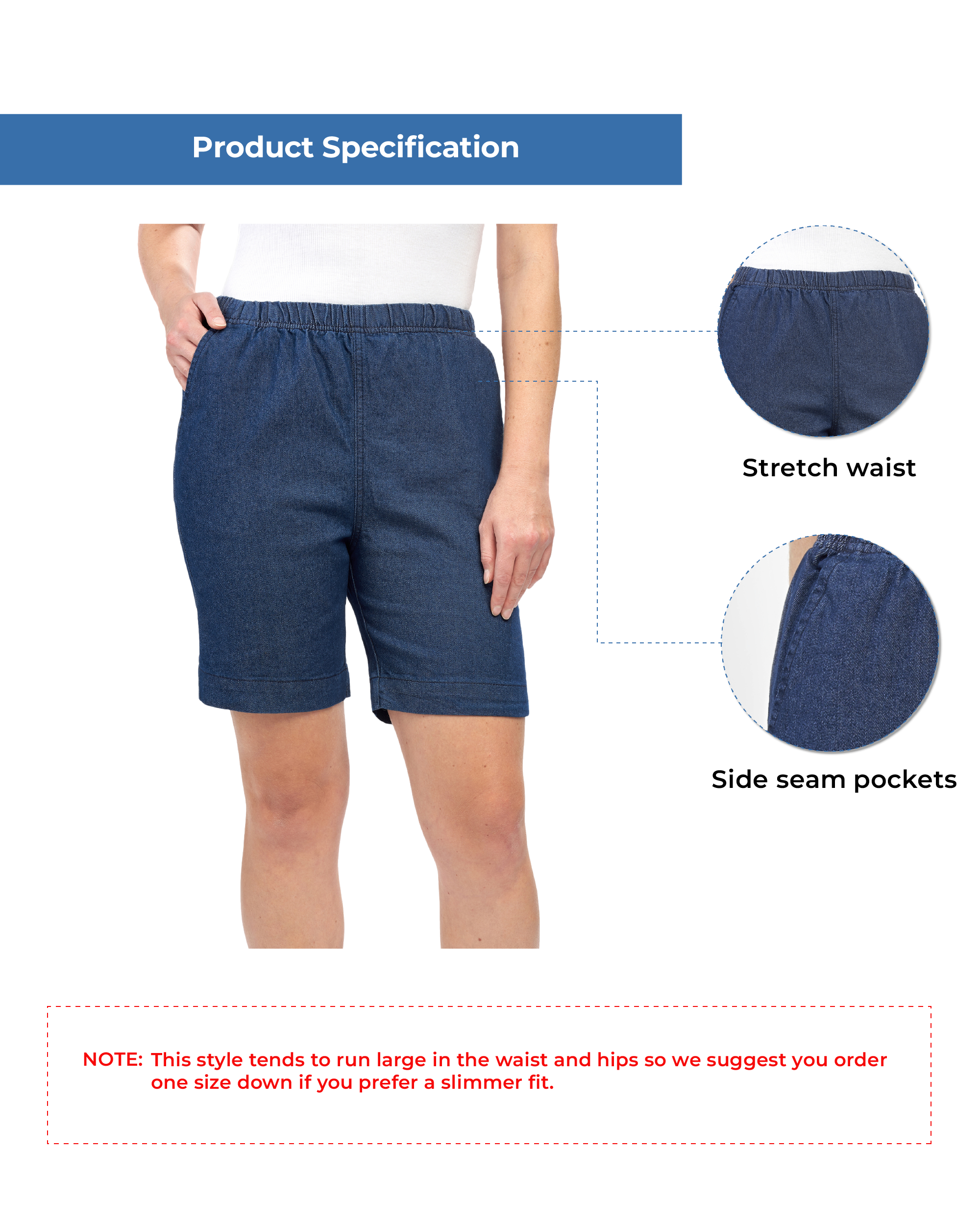 Women's Pull On Denim & Twill Shorts with stretch waist - No zipper or buttons